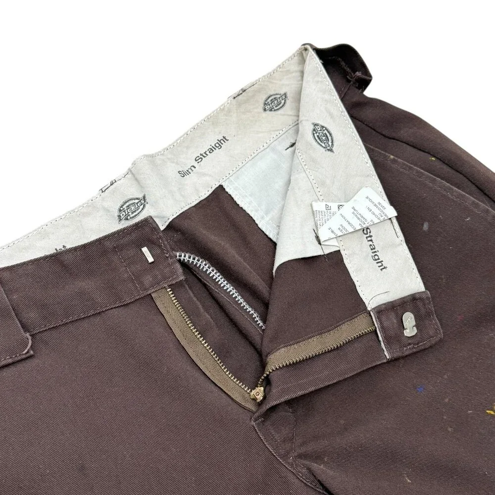 Men’s Dickies Slim Straight Work Pants Brown Distressed Paint Splatter - Picture 2 of 15